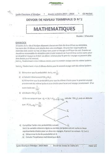 Sujet de Mathématiques Terminale D Lycée Classique 2022
