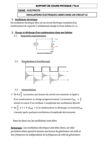 SUPPORT DE COURS PC Tle D OSCILLATIONS ÉLECTRIQUES LIBRES DANS UN CIRCUIT LC BY TEHUA