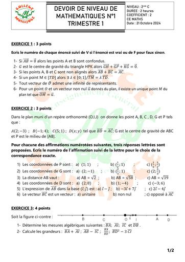 DEVOIR NIVEAU 1 MATHEMATIQUES  2nde C 2024 college MONAJOCE by DJAHASHIKAN