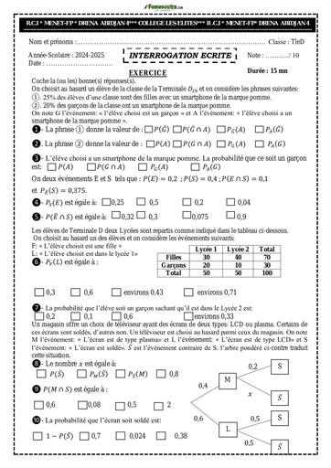 INTERROGATION ECRITE MATHS TLE D PROBABILITE NOVEMBRE 2024 by Tehua