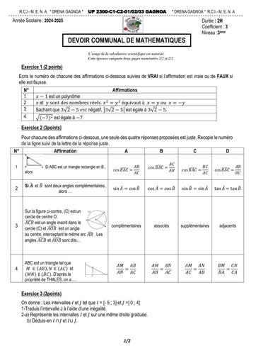 DEVOIR UP 2300 Gagnoa 2024 2025 Maths 3ième Sujet by Tehua