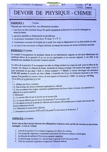 Sujet de Physique-Chimie Niveau Première D Lycée Classique Abidjan 2022-2023