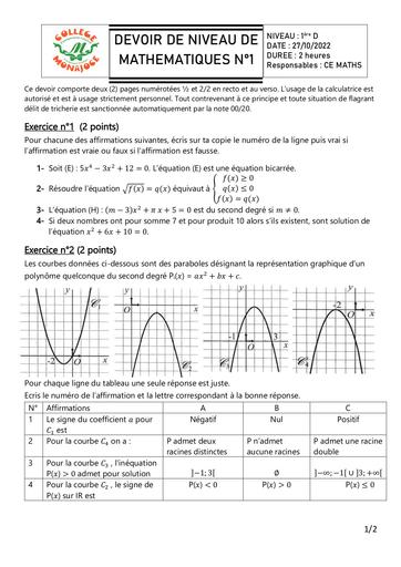 DEVOIR DE NIVEAU DE MATHEMATIQUES 1ere D 2022 FINAL by Tehua