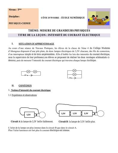 PC 5ème L4 Intensité du courant électrique