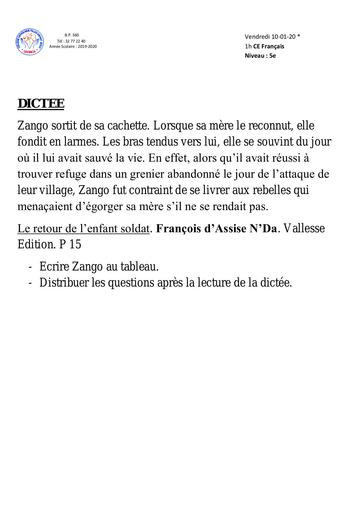 DICTEE Questions 5ème Sujet 1 by Tehua