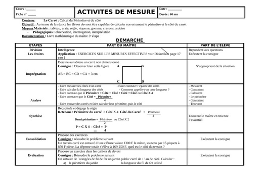 Fiche d'activités CM de mesure le Périmètre du carré by Tehua