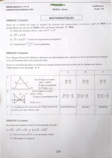 Composition generale decembre 2024 Maths 3ieme Up13 adama sanogo by Tehua