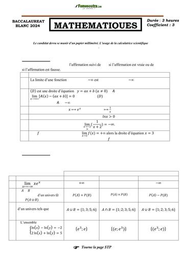 SUJET MATHS Tle A1 BACCALAURÉAT BLANC RÉGIONAL 2024 DREN SASSANDRA by TEHUA