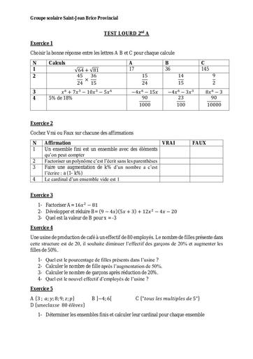 Sujet TEST LOURD Maths 2nd A by Tehua