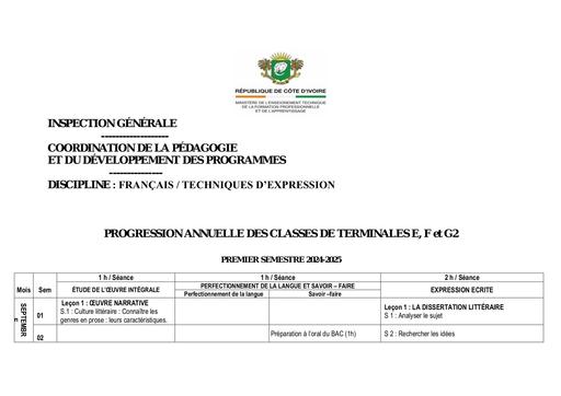 PROGRESSION Français Tle E, F et G By Tehua