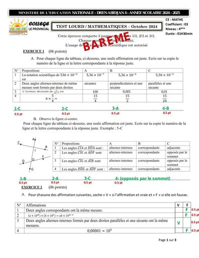 BAREME TEST LOURD OCTOBRE 2024 MATHS 4ième COLLEGE LE PROVINCIAL by Tehua