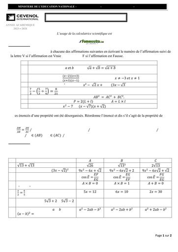 SUJET DU Devoir N°2 Maths 3eme C CEVENOL DREN ABIDJAN 2 BY TEHUA