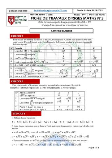 FICHE DE TD N°3 RAPPEL MATHS NIVEAU 3IEME DE L'INSTITUT GIOVANNI BIFFI (NOVEMBRE 2024) RACINES CARREES by TEHUA