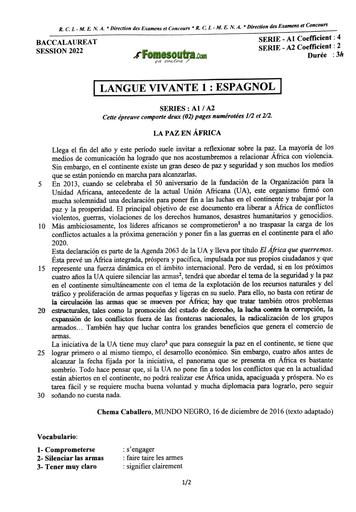 EPREUVE BAC 2022 ESPAGNOL LV1 SERIE A1 A2 COTE D'IVOIRE by TEHUA
