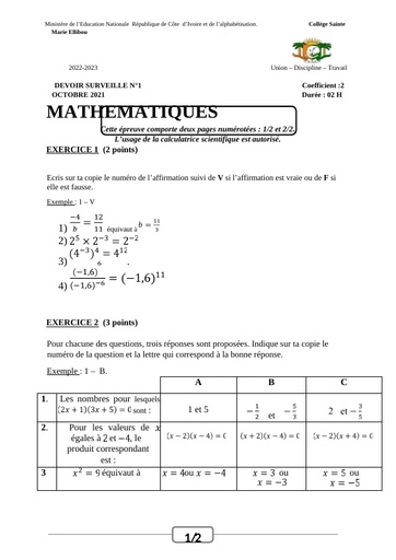 Devoir de niveau N°1 Maths 3ieme 2023 by Tehua