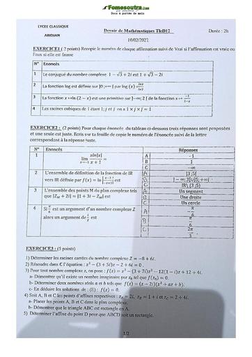 Sujet de Mathématiques Terminale D Lycée Classique 21-22