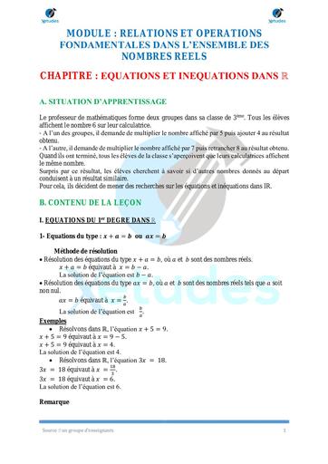 Cours Maths EQUATIONS ET INEQUATIONS DANS ℝ 3e by Tehua