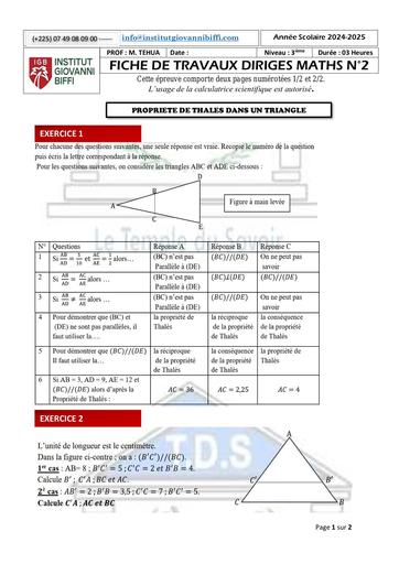 FICHE DE TD N°2 RAPPEL MATHS NIVEAU 3IEME DE L'INSTITUT GIOVANNI BIFFI (NOVEMBRE 2024) PROPRIETE DE THALES DANS UN TRIANGLE by TEHUA