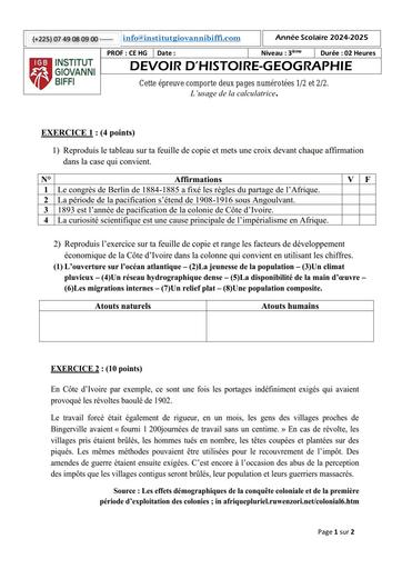 DEVOIR D'HISTOIRE GEOGRAPHIE NIVEAU 3IEME DE L'INSTITUT GIOVANNI BIFFI (NOVEMBRE 2024) by TEHUA