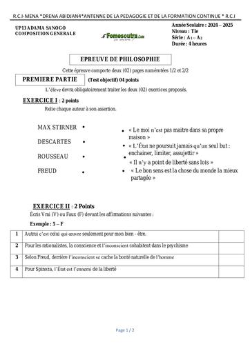 Composition generale Decembre 2024 UP 13 ADAMA SANOGO SUJET DE PHILO Tle Tle A1 ET A2 by Tehua