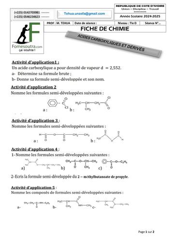 FICHE DE TRAVAUX DIRIGES CHIMIE Tle D ACIDES CARBOXYLIQUES ET DÉRIVÉS 2025 BY TEHUA