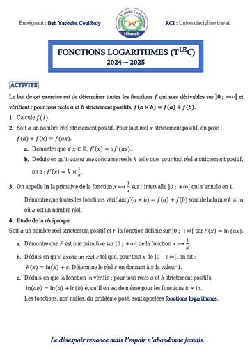 Fiche de maths Tle C DECOUVERTE DES FONCTIONS LOGARITHMES 2 by Tehua