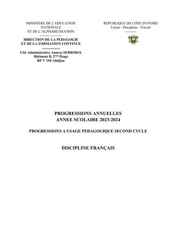 PROGRESSIONS DE FRANCAIS A USAGE PEDAGOGIQUE 2023 2024 2nd CYCLE DPFC