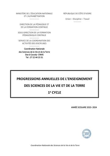 SVT Progressions annuelles 1e Cycle 2023/2024