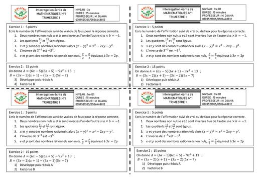 Interrogation écrite de MATHEMATIQUES N°1 3ieme Trimestre 1 2024 by Tehua