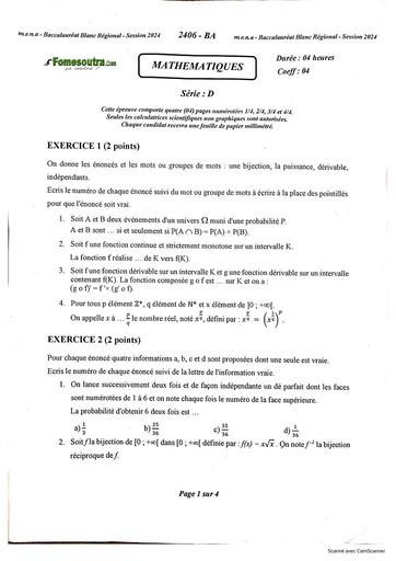 SUJET MATHS SERIE D BAC BLANC RÉGIONAL MARS 2024 MENA by TEHUA