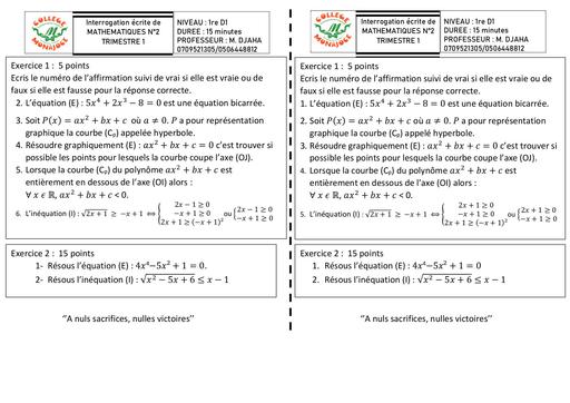 Interrogation écrite de MATHEMATIQUES N°2 1iereD Trimestre 1 2024 by Tehua