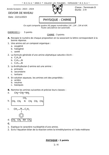 Devoir de n°3 PC Tle D 2024 by Tehua