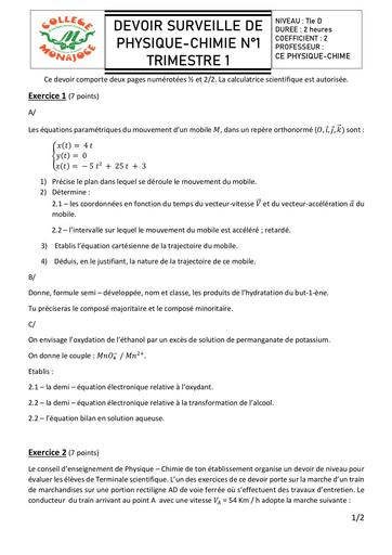 DEVOIR N°1 PC 2024 Tle D College MONAJOCE by DJAHASHIKAN