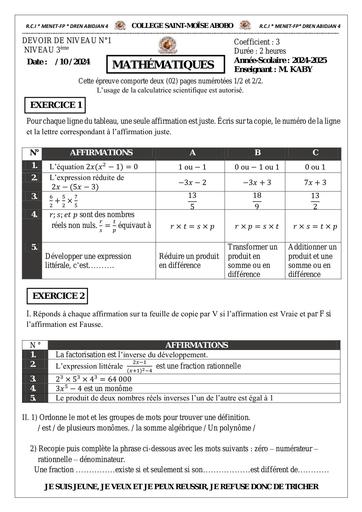 DEVOIR DE NIVEAU Maths 3ème Octobre 2024 by Tehua