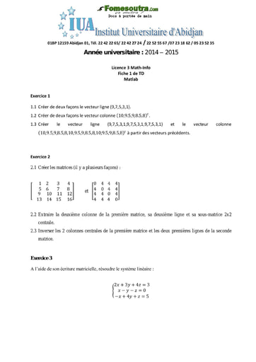 Fiche TD (1) de MATLAB - Licence 2 Math-Info