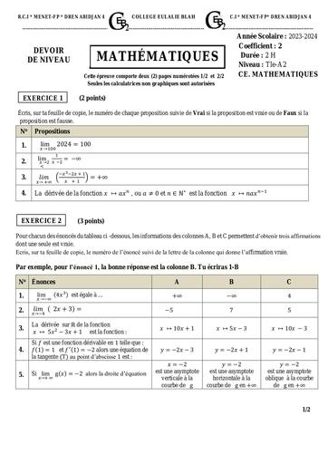 DEVOIR DE NIVEAU DE Maths + barême Tle A2 2024 by Tehua