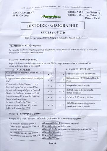 Sujet Bac 2024 Histoire Geographie serie A2 BY TEHUA