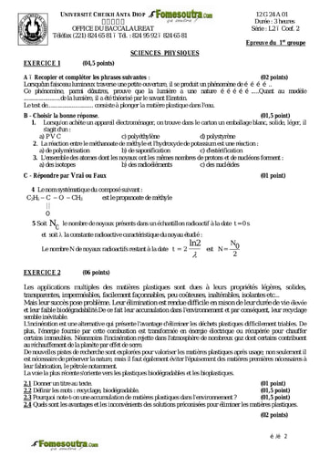 Sujet de Physique-chimie du BAC L2 2012 - Sénégal
