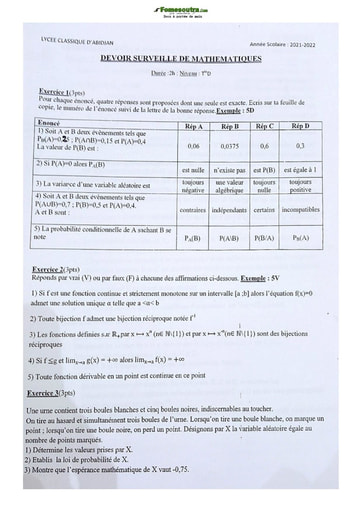 Sujets de Maths série D Lycée Classique d'Abidjan 2021-2022