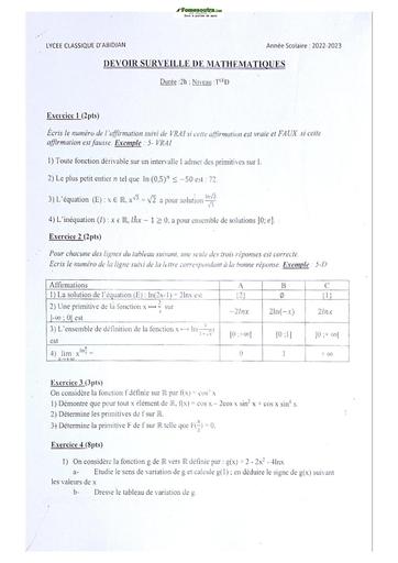 Sujets de Maths série D Lycée Classique d'Abidjan 2022-2023