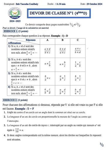 DEVOIR DE CLASSE N°1 DE MATHS (4ème D) 2ieme trimestre by Tehua