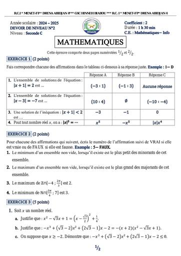 DEVOIR DE NIVEAU N°2 DU TRIMESTRE 1 Maths (2nde C) (Récupération automatique) Hinneh by Tehua