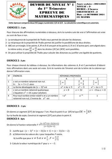 DEVOIR NIVEAU MATHS 1de 3eme OCTOBRE 2024 Collège MONAJOCE by DJAHASHIKAN