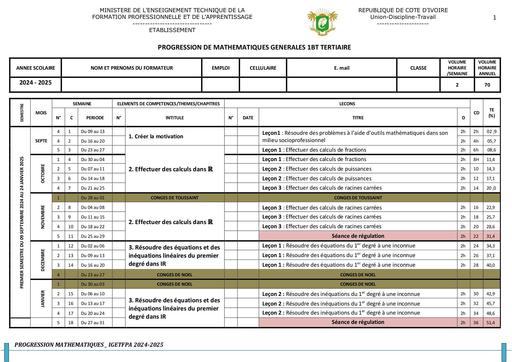 Progression MATHS Générales 1 BT TERTIAIRE by Tehua