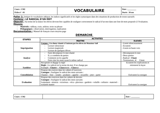 Fiche de cours CM Vocabulaire Radical préfixe suffixe by Tehua