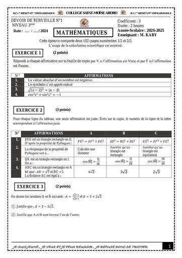 DEVOIR de Maths 3ème (Racine carrée et triangle rectangle) 2024 2025 by Tehua