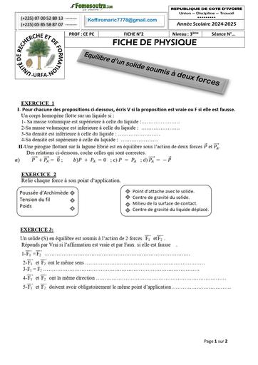 FICHE DE TRAVAUX DIRIGES PHYSIQUE Equilibre d’un solide soumis à deux forces NIVEAU 3ième Novembre 2024 FICHE 2 by Tehua