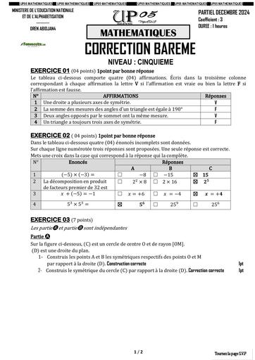 Composition generale Decembre 2024 UP 5 BAREME MATHS 5ieme by Tehua