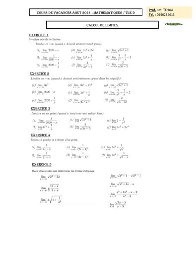 COURS DE VACANCES MATHS FICHE 1 CALCUL DE LIMITES by TEHUA