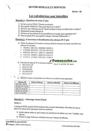 DEVOIR ET EXAMEN LICENCE RTEL 2 ESATIC 2023 2024